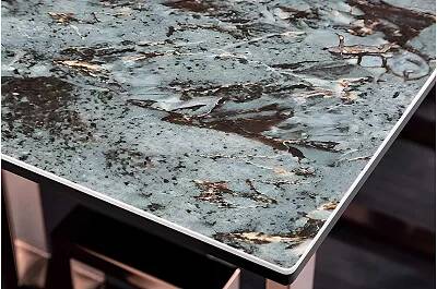 Console en verre aspect marbre turquoise et métal cuivré L110