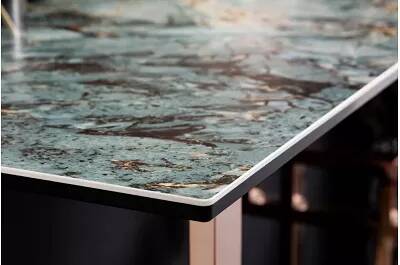 Console en verre aspect marbre turquoise et métal cuivré L110
