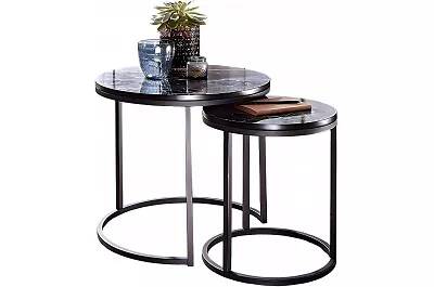 9203 - 104388 - Set de 2 tables d'appoint gigognes aspect marbre noir et acier noir