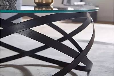 Table basse design en verre aspect marbre noir et acier noir Ø60