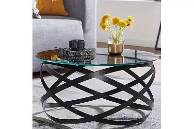 Table basse design en verre aspect marbre noir et acier noir Ø60