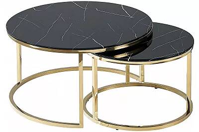 6676 - 109557 - Set de 2 tables basses gigognes design en verre aspect marbre noir et acier doré