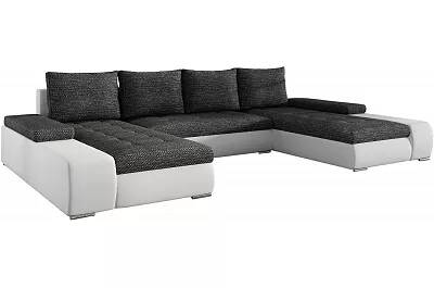 Canapé d'angle convertible en tissu chiné gris foncé et simili cuir blanc