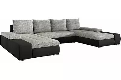 Canapé d'angle convertible en tissu chiné gris clair et simili cuir noir