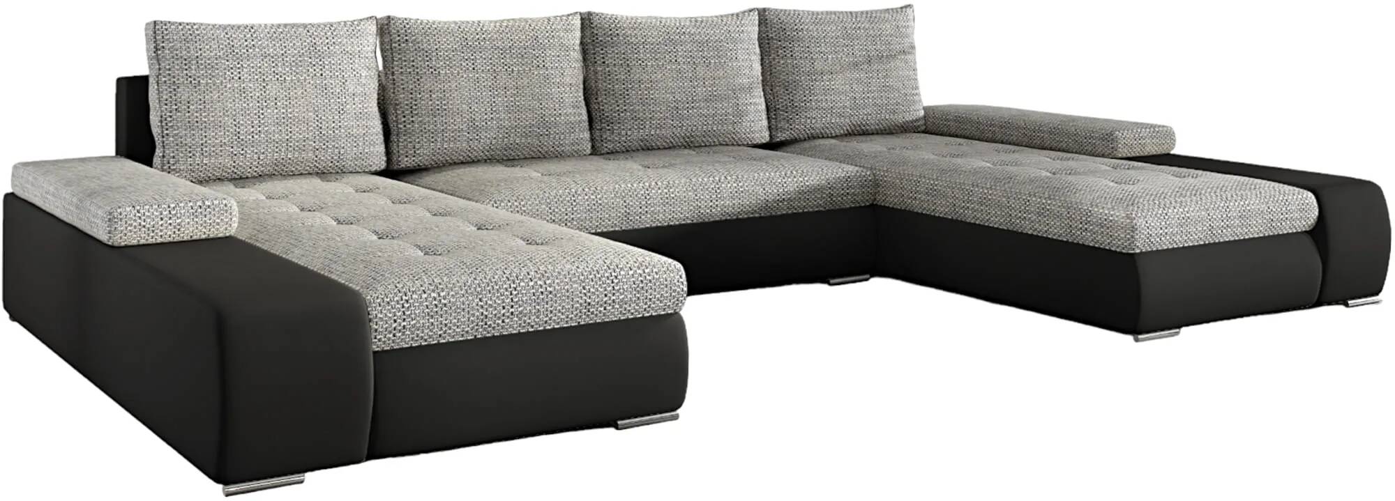 Canapé d'angle convertible en tissu chiné gris clair et simili cuir noir