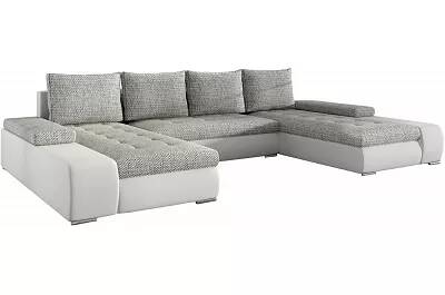 Canapé d'angle convertible en tissu chiné gris clair et simili cuir blanc