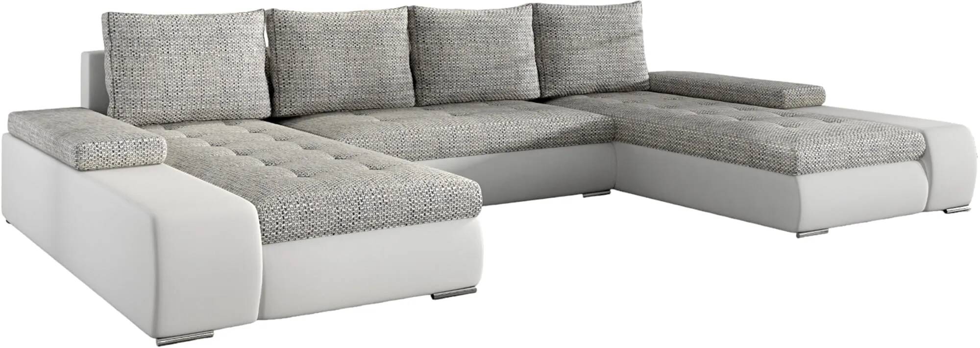 Canapé d'angle convertible en tissu chiné gris clair et simili cuir blanc