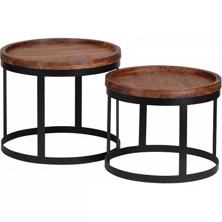 Set de 2 tables basses en bois massif sheesham et métal noir