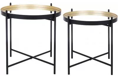 Set de 2 tables d'appoint en acier noir et doré et verre effet miroir