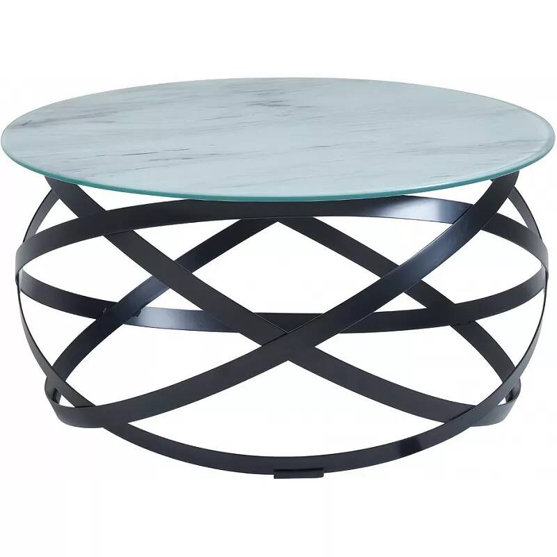 Table basse design en verre aspect marbre blanc et acier noir Ø60