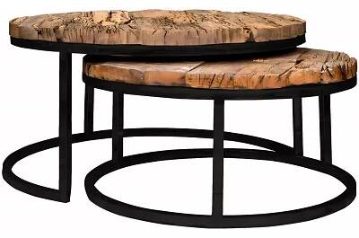 Set de 2 tables basses gigognes en bois recyclé et acier noir