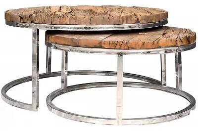 Set de 2 tables basses gigognes en bois recyclé et acier chromé