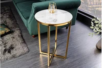 Table d'appoint en métal doré et verre aspect marbré blanc