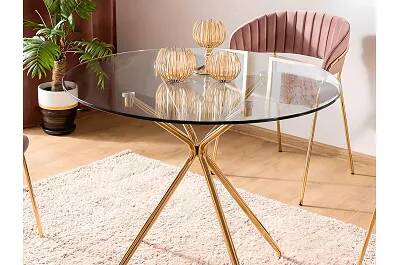 Table de salle à manger en verre et métal doré