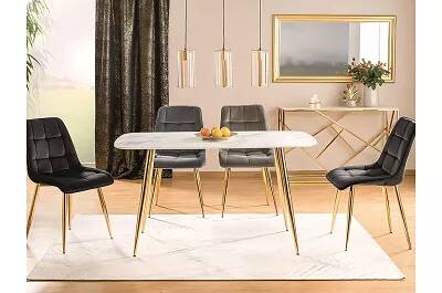 Table de salle à manger en métal doré et verre aspect marbre blanc
