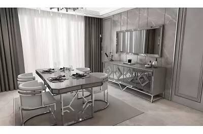 Table de salle à manger en acier chromé et verre gris