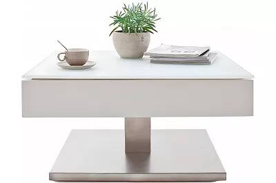 Table basse blanc laqué et plateau en verre opaque pivotant