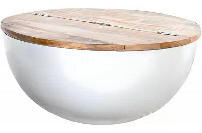 Table basse design en bois massif recyclé et acier blanc Ø70