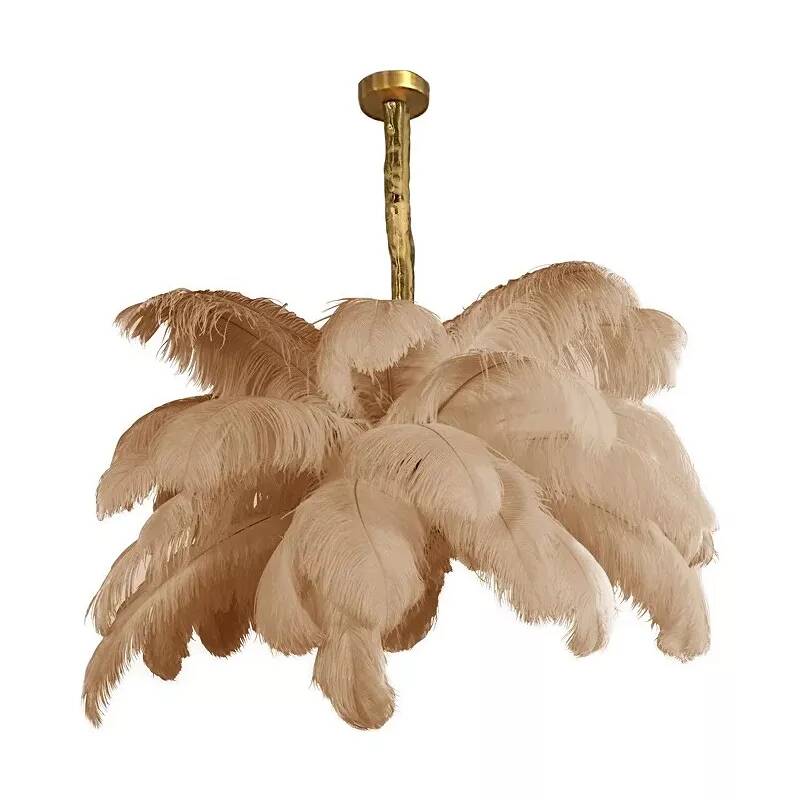 Lampe suspension en plumes beige et cuivre doré Ø100