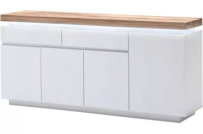 Buffet design LED blanc laqué mat et bois massif chêne 4 portes et 2 tiroirs