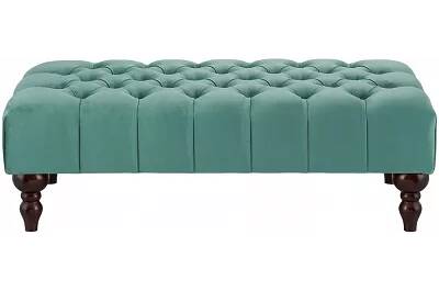 Table basse en velours capitonné vert menthe et bois de hêtre wengé 100x60