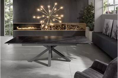 Table à manger extensible aspect marbre noir portoro et métal anthracite L160-240
