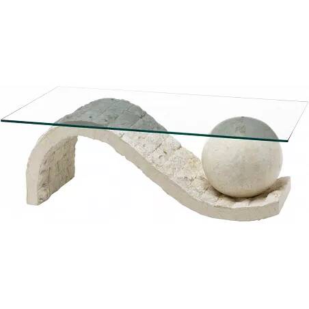 Table basse en verre et pierre fossile d'agate blanche