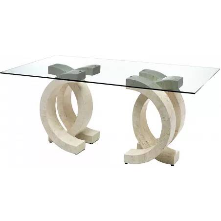 Table à manger en verre et pierre fossile d'agate blanche