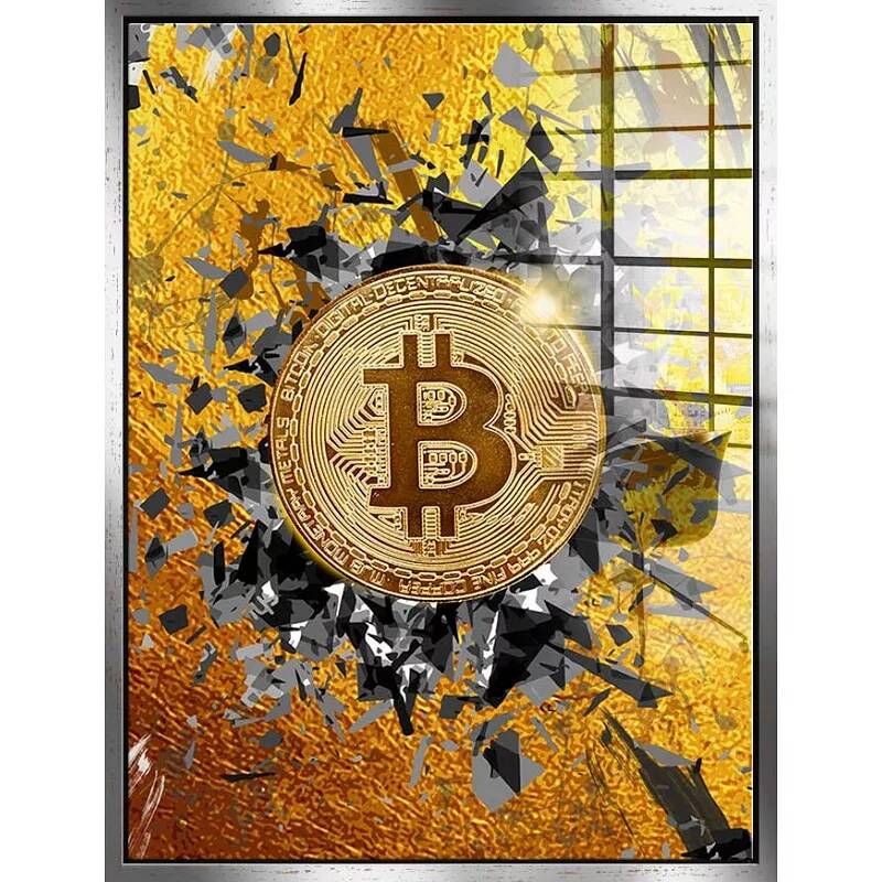 Tableau acrylique Éclat Bitcoin argent antique
