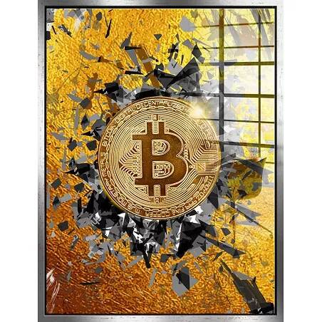 Tableau acrylique Éclat Bitcoin argent antique