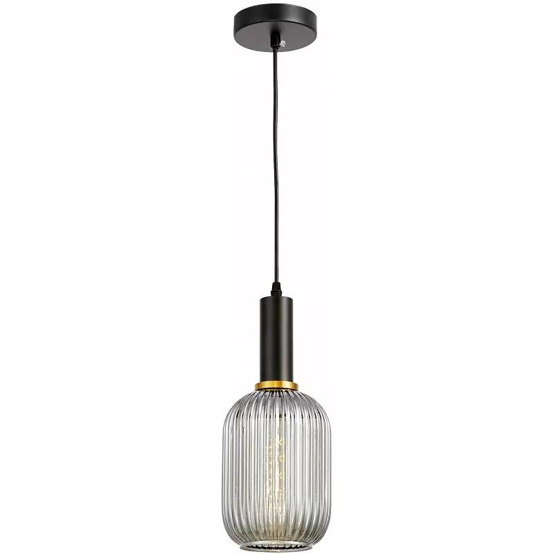 Lampe suspension en verre gris fumé et métal noir et doré Ø14