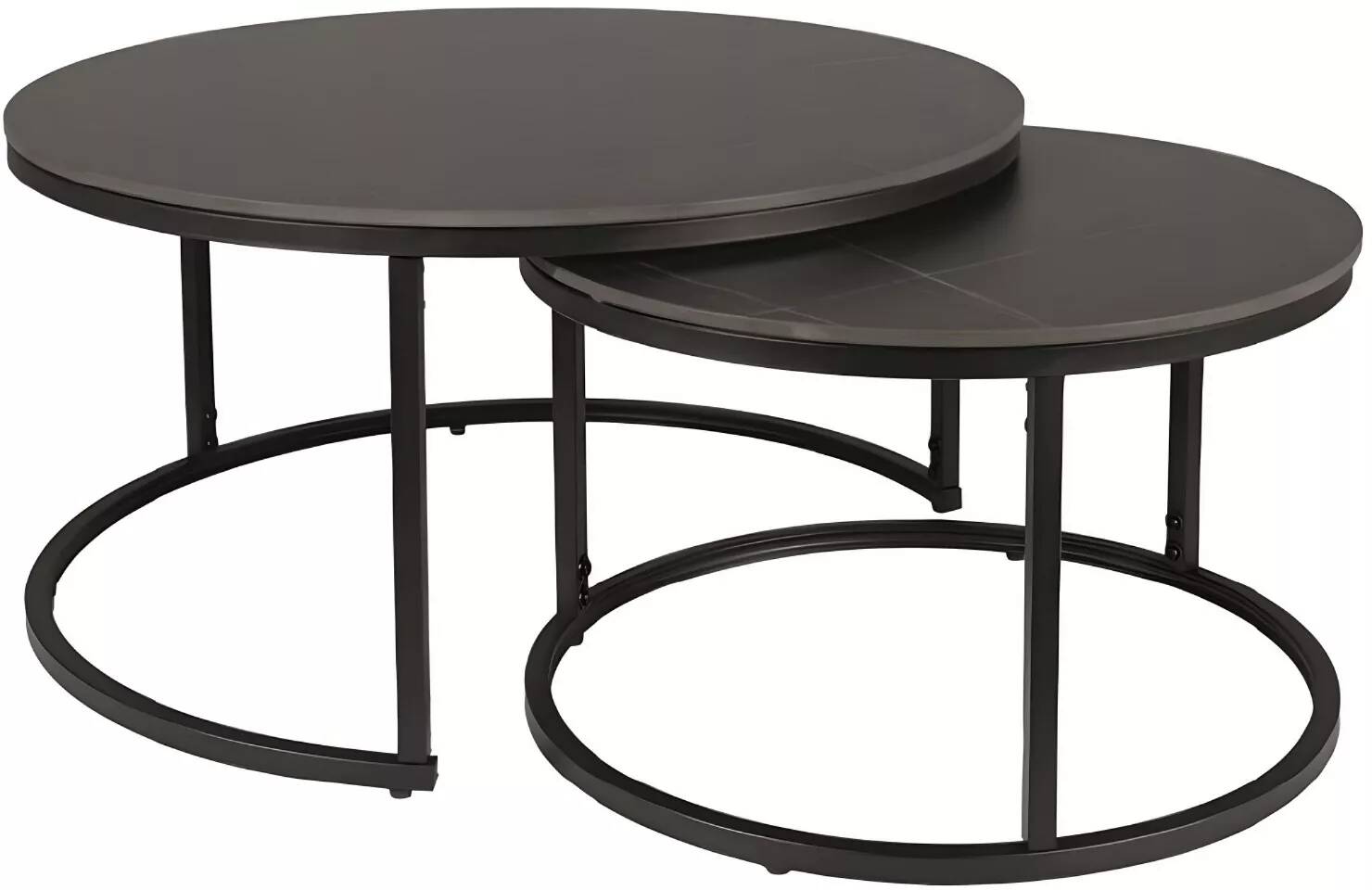 Set de 2 tables basses gigognes en céramique aspect marbre noir et métal noir mat