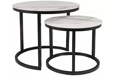 Set de 2 tables d'appoint gigognes en verre aspect marbre blanc et métal noir Ø53