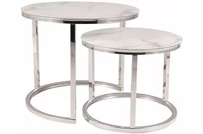 Set de 2 tables d'appoint gigognes en verre aspect marbre blanc et métal chromé Ø53