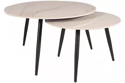 Set de 2 tables tasses gigognes en céramique aspect marbre blanc et métal noir Ø80