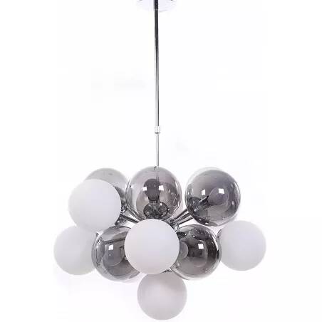 Lampe suspension en verre blanc et gris fumé et métal chromé Ø60