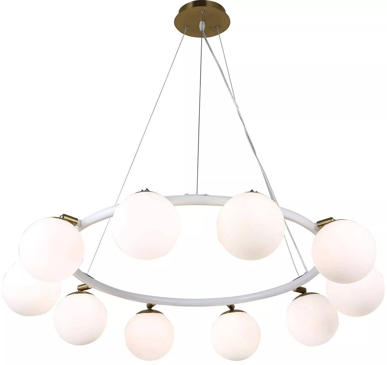 Lampe suspension en verre blanc et métal blanc et laiton Ø70