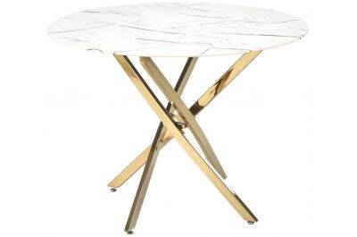 Table à manger en verre aspect marbre blanc et acier doré Ø100