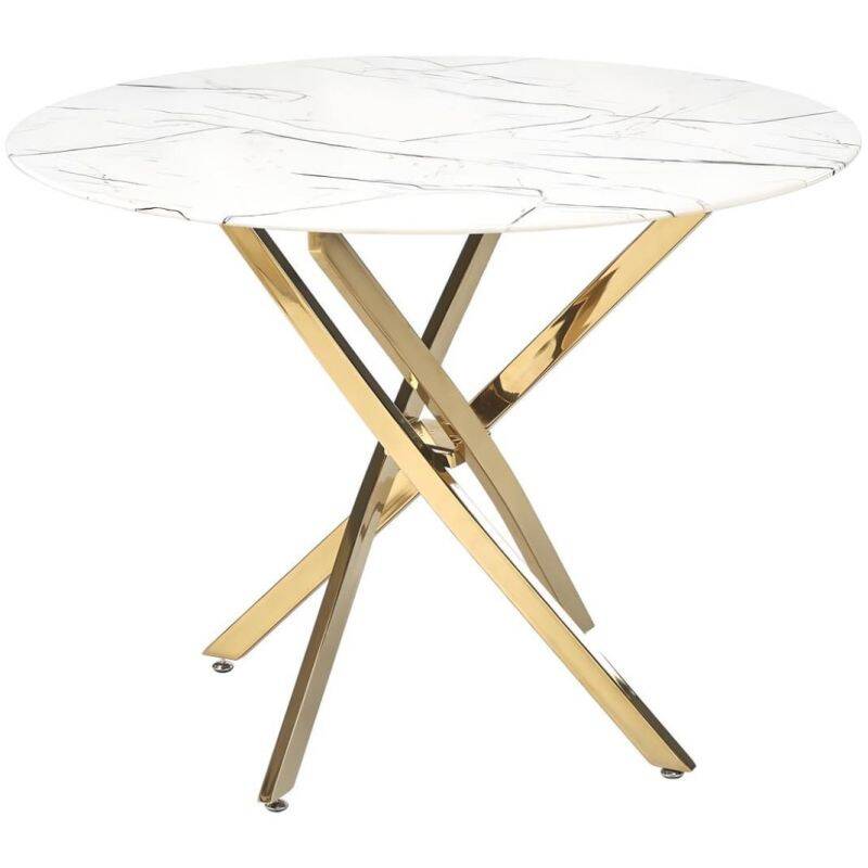 Table à manger en verre aspect marbre blanc et acier doré Ø100