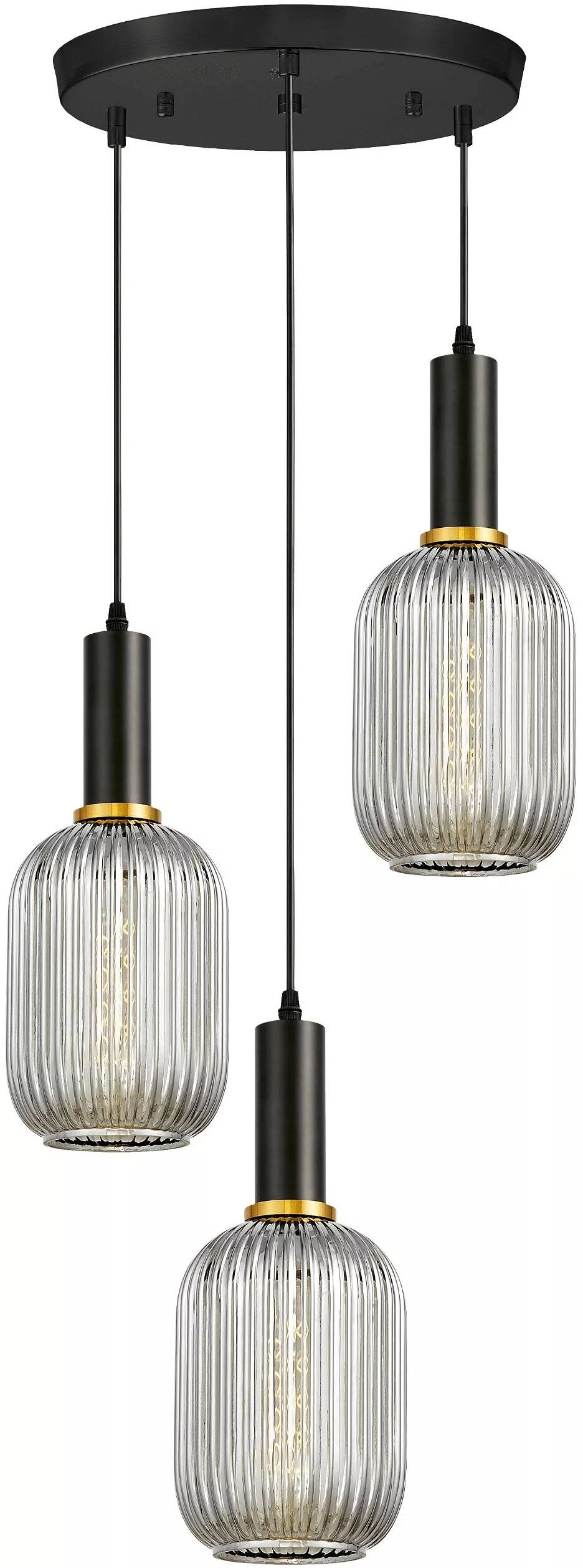 Lampe suspension en verre gris fumé et métal noir et doré Ø55