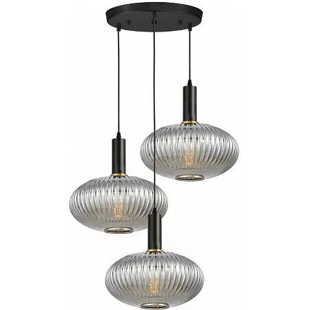 Lampe suspension en verre gris fumé et métal noir et doré Ø80