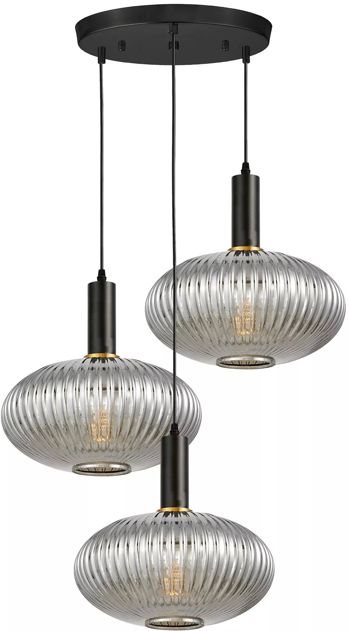 Lampe suspension en verre gris fumé et métal noir et doré Ø80
