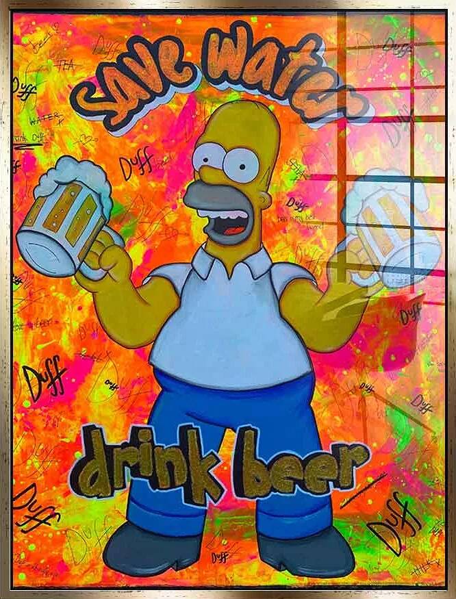 Tableau acrylique Homer Simpson doré antique