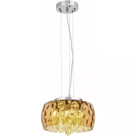 Lampe suspension LED en cristal ambre et métal chromé Ø40