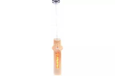 Lampe suspension en verre ambre et métal chromé Ø10
