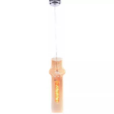 Lampe suspension en verre ambre et métal chromé Ø10