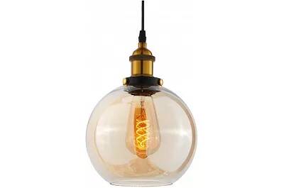 Lampe suspension en verre ambre et métal noir et laiton Ø18