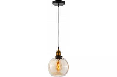 Lampe suspension en verre ambre et métal noir et laiton Ø18