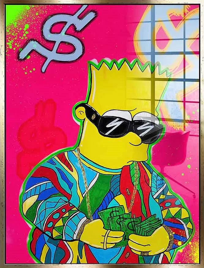 Tableau acrylique Bart Simpson Dollars doré antique