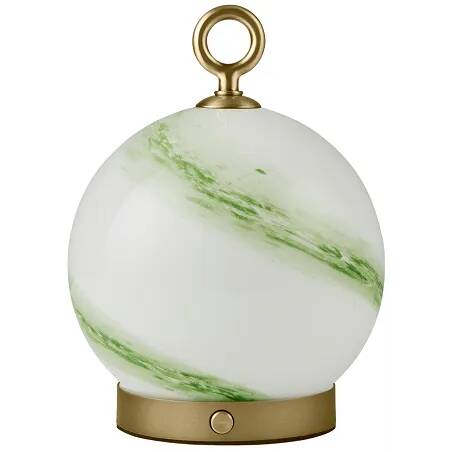 Lampe de table à LED en verre aspect marbre vert et métal laiton H19